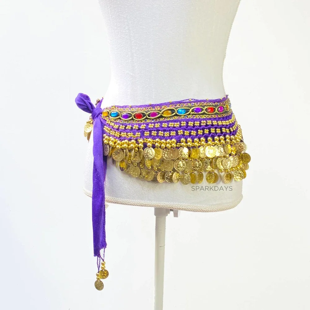 Belly Dancer Costume Purple Wig Jewel Coin Scarf Belt Festival Halloween Party - Picture 13 of 14